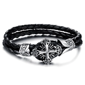 Punk Men Genuine Leather Braided Bracelet Zirconia Cross Pendant Retro Greek Meander Metal Clasp Fashion Jewelry Gift