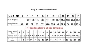 Detailed sizing chart for titanium steel rings showing US and HK size conversion and diameters