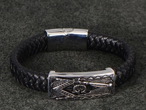 Men's braided leather Freemasonry bracelet with silver stainless steel engraved emblem