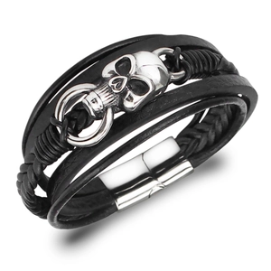 Bracciale da Uomo Punk Retro Multistrato Intrecciato a Mano in Pelle Con Ciondolo a Teschio Argento Chiusura Magnetica