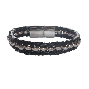 Men's fashion black braided leather bracelet with polished silver metal beads and clasp