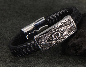 Men's braided black leather bracelet with silver stainless steel Freemasonry logo plate