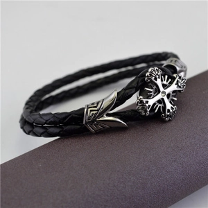 Double-layered black braided leather bracelet with silver micro-set zircon cross charm
