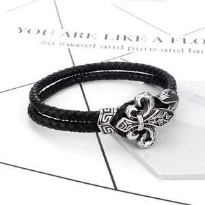 Mens double wrap black woven leather bracelet with vintage fleur-de-lis silver clasp