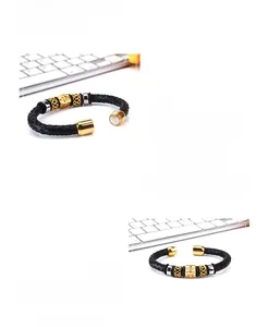 Close-up of woven leather bracelet with patterned metal beads and magnetic clasp detail