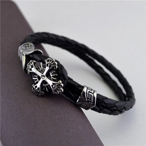 Punk woven leather bracelet for men featuring a vintage silver cross with zircon inlay