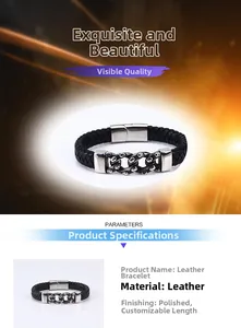 Close-up of braided leather bracelet featuring a polished skull chain and magnetic clasp