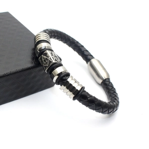Men's retro braided black leather bracelet with silver Freemasonry charm and magnetic clasp