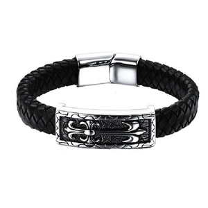 Bracciale da Uomo in Vera Pelle Intrecciata Nera Gothic Punk Con Giglio Croce Chiusura Magnetica in Acciaio Inossidabile Gioielli Biker