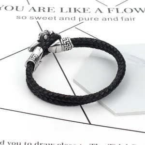 Punk style men's black braided leather bracelet with silver meander pattern magnetic clasp