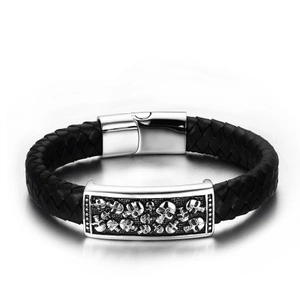 Men's Punk Skull Braided Genuine Leather Bracelet With 316L Stainless Steel Magnetic Buckle Gothic Rock Jewelry Gift