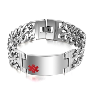 Vue détaillée du bracelet médical en acier inoxydable pour homme avec caducée rouge