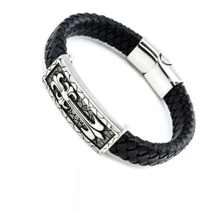 Bracciale da uomo in pelle nera intrecciata con chiusura magnetica in acciaio con iris