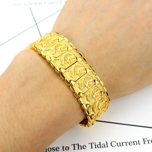 Men's wide 18K gold plated bracelet with traditional dragon pattern relief and links