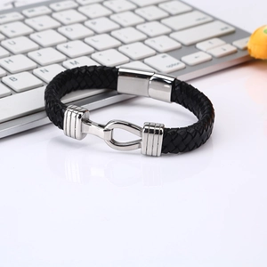 Men's Simple Stainless Steel Horseshoe Magnetic Clasp Woven Leather Bracelet Punk Style Black Braided Cuff Jewelry Gift For Men