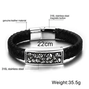 Mens black leather skull bracelet with 316L stainless steel magnetic clasp