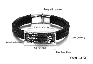 Bracciale da uomo in pelle nera intrecciata con placca in acciaio e motivo a croce vintage