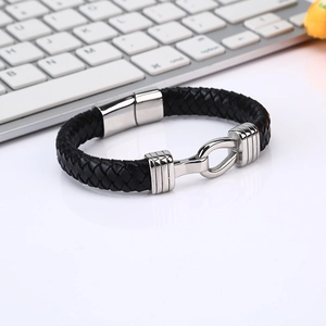 Minimalist black braided leather bracelet with silver stainless steel magnetic clasp