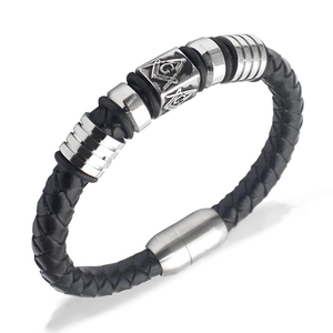 Retro Men Braided Leather Bracelet With Stainless Steel Freemasonry Symbol Magnetic Clasp Masculine Woven Wristband Punk Jewelry