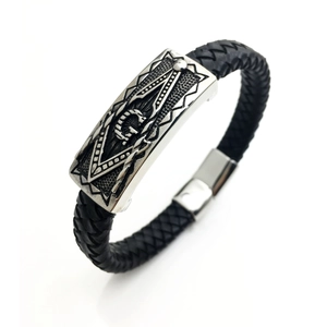 Men's black braided leather bracelet featuring a silver Masonic G symbol metal plate