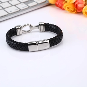 Minimalist black braided leather bracelet for men with magnetic stainless steel clasp