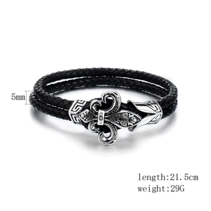 Men's punk braided black leather bracelet with silver fleur-de-lis vintage metal clasp