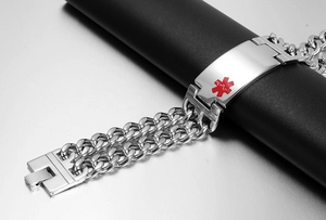 Bracelet médical pour homme en acier inoxydable avec double chaîne et logo rouge