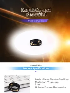 Macro detail of electroplated black titanium steel ring with gold cross pattern