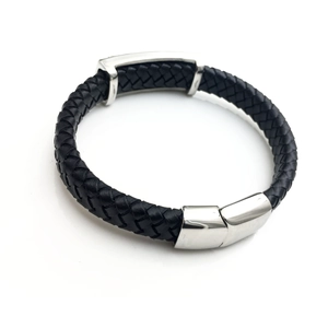 Men's black braided leather bracelet with stainless steel magnetic clasp and metal charm