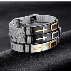 Verstellbare Titanstahl-Kreuz-Mesh-Armbänder für Herren in Schwarz, Gold und Silber-Optik