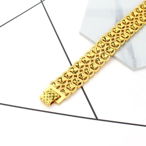 Polished 18K gold plated wide link bracelet for men with geometric hollow design