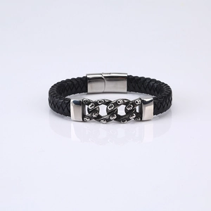 Men Punk Braided Leather Bracelet With Stainless Steel Skull Chain Magnetic Clasp Gothic Rock Biker Jewelry Hand Accessories