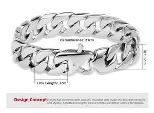 Detailed view of silver stainless steel Cuban chain bracelet with dimensions 21cm by 1.5cm