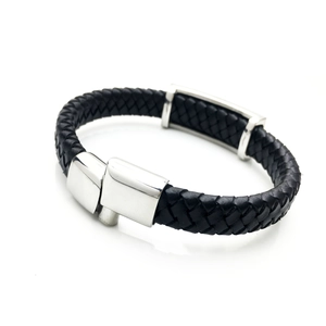 Men's black braided leather bracelet with polished stainless steel clasp on white background