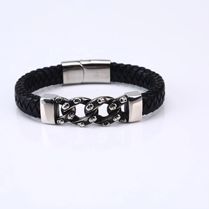 Punk black braided leather bracelet with skull metal chain and stainless steel buckle