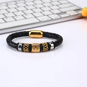 Men Vintage Braided Leather Bracelet Stainless Steel Fleur De Lis Magnetic Clasp Punk Jewelry Wristband For Men Gift