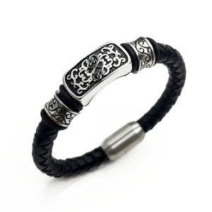 Herren Geflochten Echtleder Armband Mit Titanstahl Magnetverschluss Vintage Graviert Schnörkelmuster Punk Armreif Schmuck