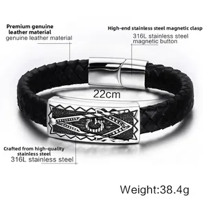 Detail of Freemasonry leather bracelet with 316L stainless steel magnetic clasp and emblem
