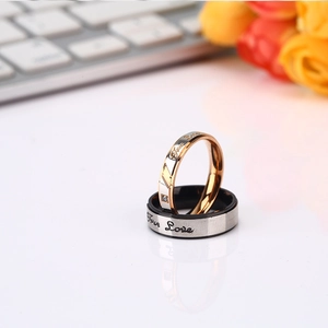 Minimalist titanium steel couple rings with True Love engraving and diamond inlay