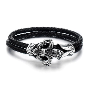 Men Punk Woven Genuine Leather Bracelet With Silver Fleur-de-lis Clasp Retro Rock Style Black Braided Wristband Jewelry