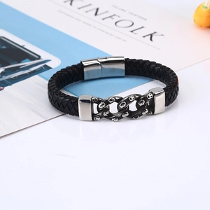 Men's punk braided leather bracelet with silver skull chain and magnetic clasp