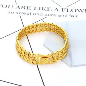 Men's 18K gold plated wide hollow cuff bracelet with geometric patterns and clasp