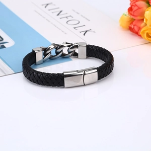 Men's minimalist braided leather bracelet with silver stainless steel chain and magnetic clasp