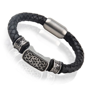 Herrenarmband aus schwarzem Ledergeflecht mit gravierter Edelstahlplatte im Vintage-Stil