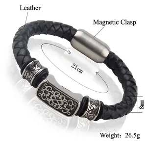 Schwarzes geflochtenes Lederarmband für Herren mit graviertem Magnetverschluss