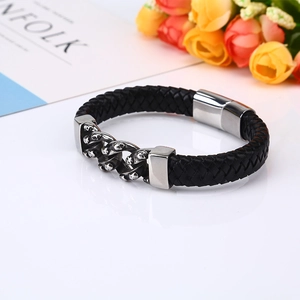 Punk style men's braided leather bracelet with engraved stainless steel link accents