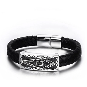 Men's Stainless Steel Braided Leather Bracelet With Masonic Freemasonry Symbol Retro Religious Magnetic Clasp Black Wristband