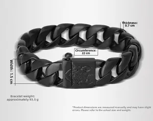 Vue détaillée du bracelet gourmette en acier noir mat avec dimensions 22cm et largeur 1.5cm