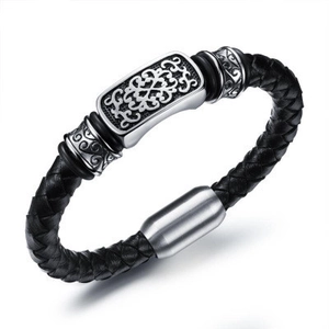 Geflochtenes Herrenarmband aus schwarzem Leder mit Vintage-Punk-Stahlmuster