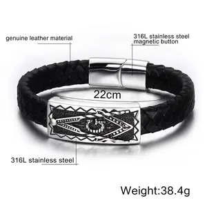 Men's black braided leather bracelet with stainless steel Masonic magnetic clasp